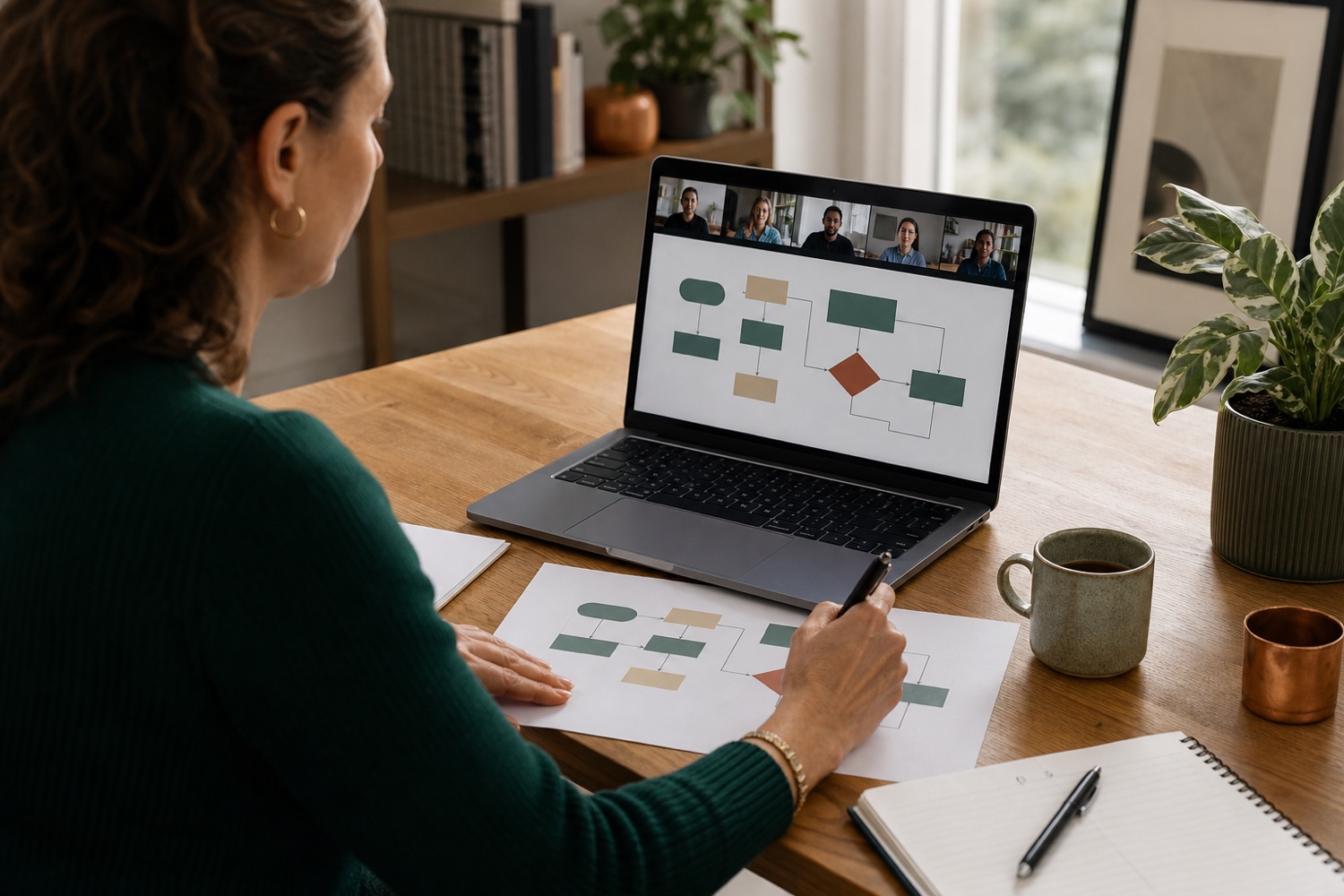 A participant works on a business process map during an online learning session